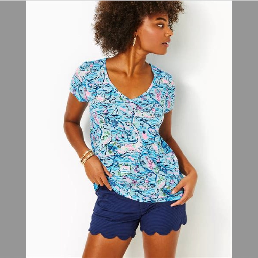 Lilly Pulitzer Etta V-Neck Short Sleeve Bali Blue Lilly Loves Cape Cod Small